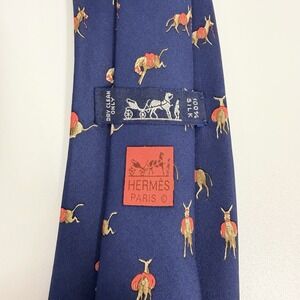 Hermes Men's Tie Donkeys Mules Navy/Brown/Red Silk 7396 PA 3.25" (W) 57" (L) euc